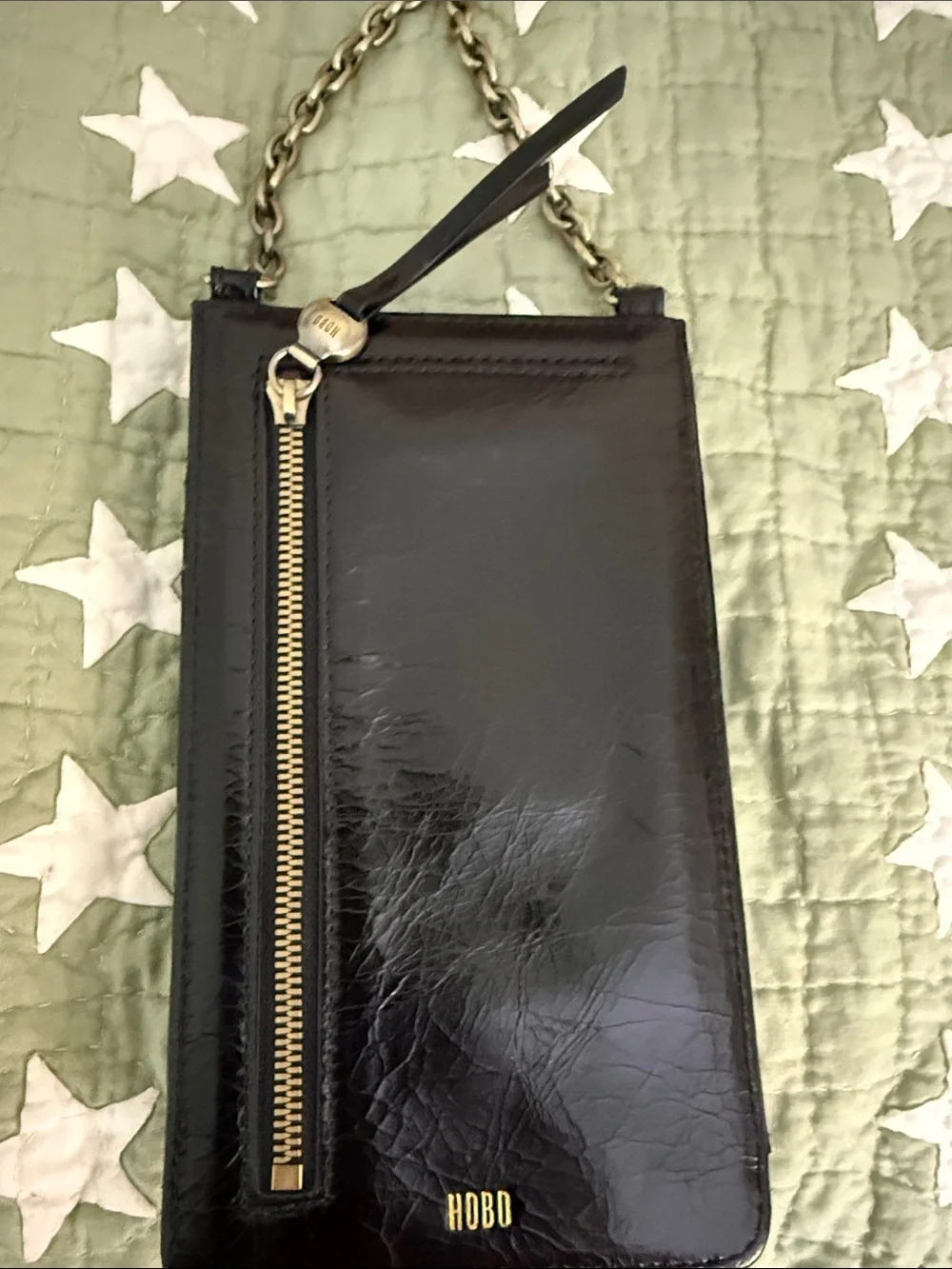 HOBO Black Leather Crossbody Phone Bag with Gold Chain Strap
